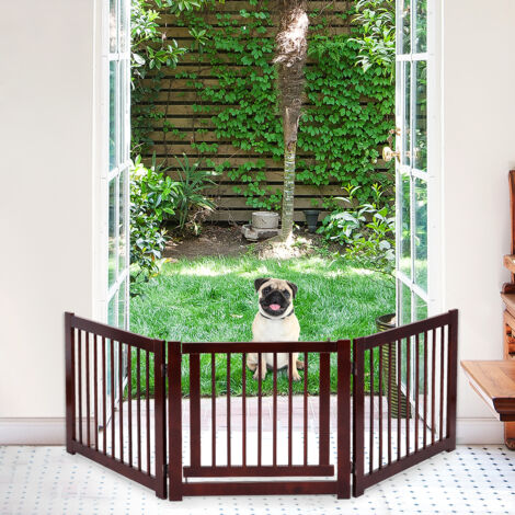 Barrière de porte pliable pour chien Barrière de sécurité pivotante pour animaux, en bois de pin, 206x1,8x61cm, Marron Maison Chic