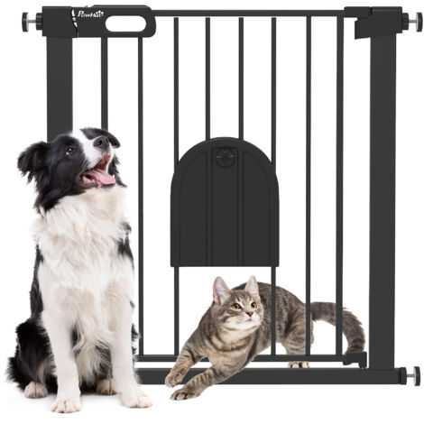 Barrière de sécurité animaux avec porte à fermeture automatique et double verrouillage, en acier noir, idéale pour chiens, chats et bébés.