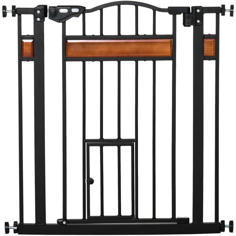 Pawhut - Barrière de sécurité animaux - longueur réglable dim. 74-80 cm - 2 portes verrouillables, ouverture double sens - sans perçage - acier noir