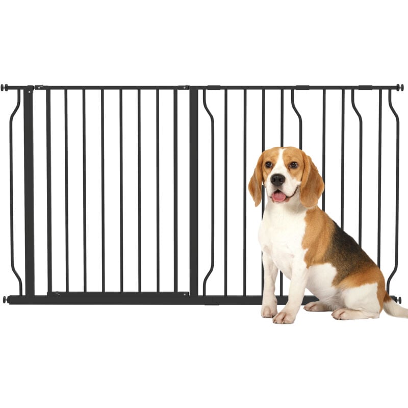 Pawhut - Barrière de sécurité animaux - longueur réglable dim. 75-145 cm - porte double verrouillage, ouverture double sens -sans perçage - acier abs