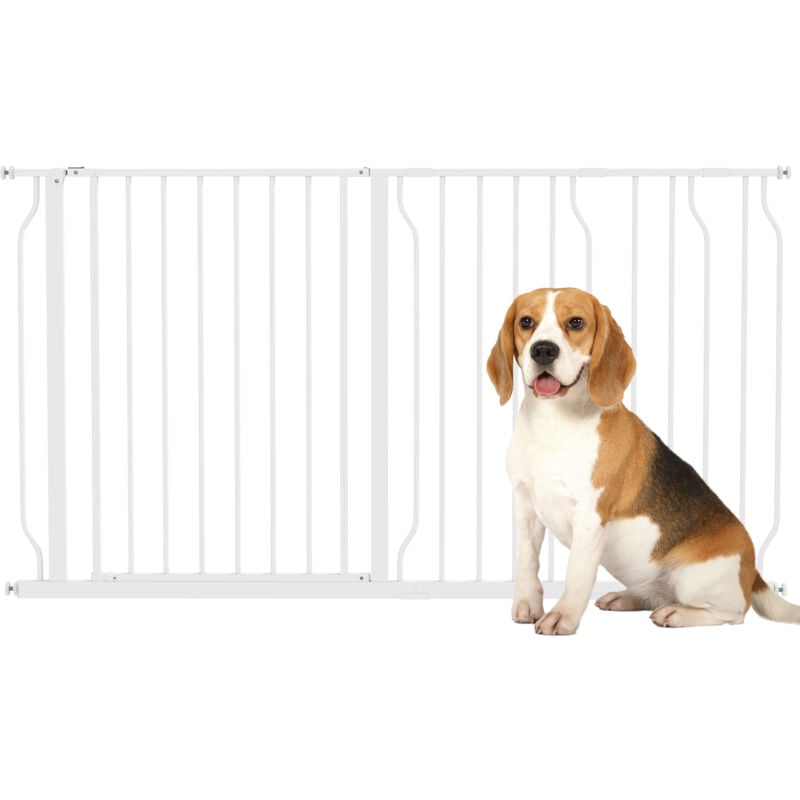 Pawhut - Barrière de sécurité animaux - longueur réglable dim. 75-145 cm - porte double verrouillage, ouverture double sens -sans perçage - acier abs