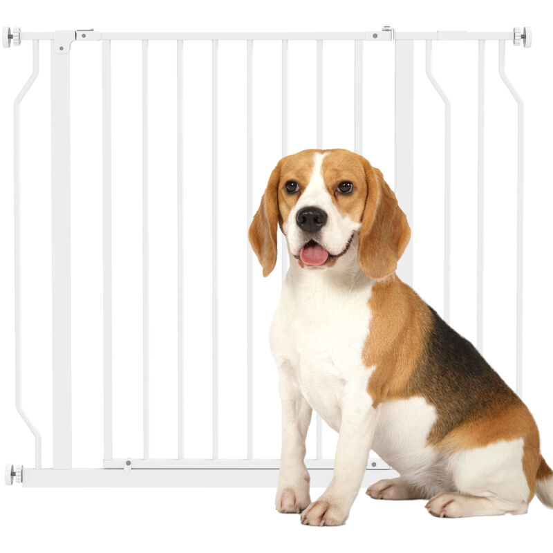Pawhut - Barrière de sécurité animaux - longueur réglable dim. 75-95 cm - porte double verrouillage, ouverture double sens -sans perçage - acier abs