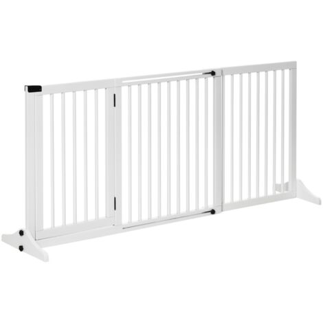 Barrière de sécurité chien autoportante bois avec porte blanche 113-166x36x71 cm sûreté animaux intérieur/extérieur maison