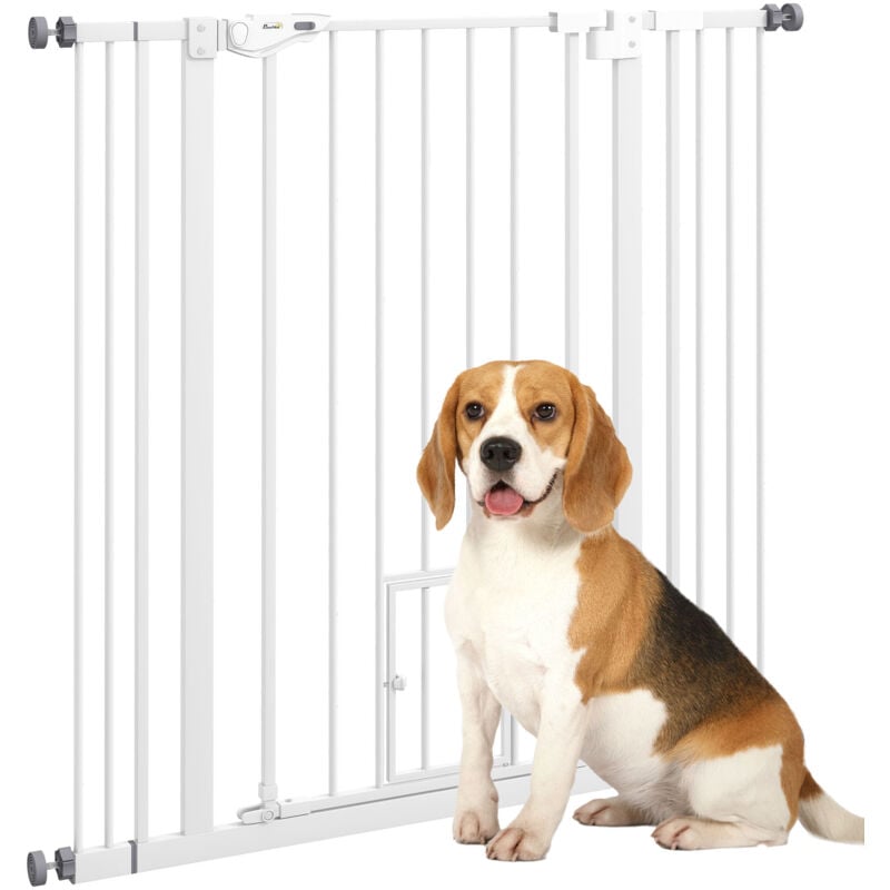 Pawhut - Barrière de sécurité chien H.104 cm - porte double verrouillage - sans perçage - acier blanc
