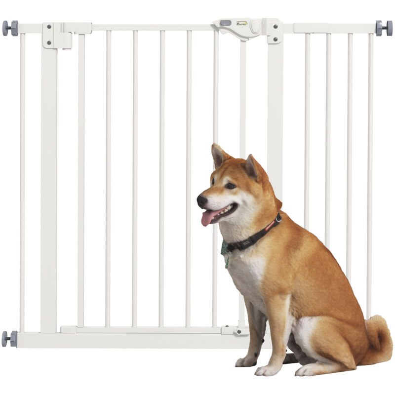 Pawhut - Barrière de sécurité chien - porte double verrouillage - L.94 cm max. - sans perçage - métal blanc