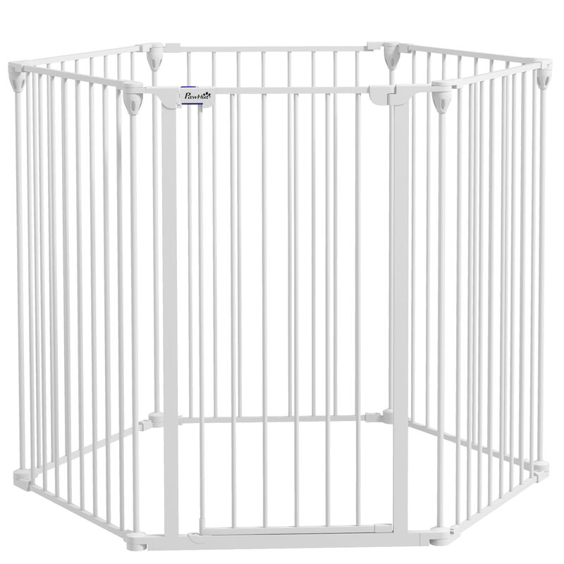 Barrière de sécurité parc enclos chien modulable pliable porte verrouillable intégrée 6 panneaux acier PP blanc