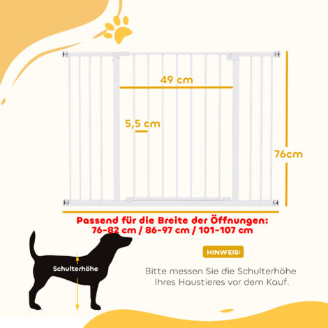 Barrière de sécurité PawHut pour escalier, avec extension de 10/15 cm, sans perçage, pour largeurs 76-82/86-97/101-107 cm, ouverture à une main, acier, blanc