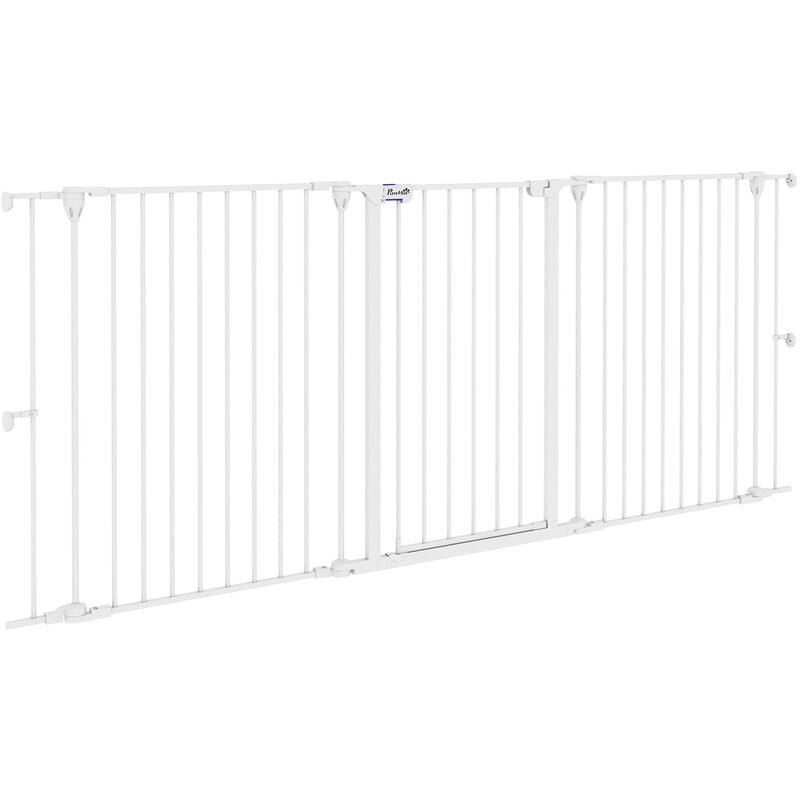 Pawhut - Barrière de sécurité pliable pour chien - 3 panneaux, porte verrouillable - dim. 206L x 90H cm - acier pp blanc - Blanc