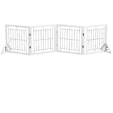 Barrière de sécurité pour animaux autoportante - barrière modulable pliable 4 panneaux - 2 pieds support - acier noir bois blanc