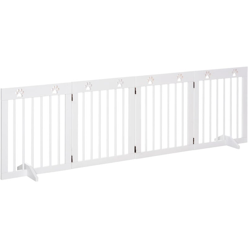 Barrière de sécurité pour animaux - barrière modulable pliable 4 panneaux - motif patte - 2 pieds support - bois de pin blanc - Blanc