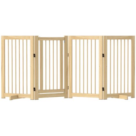Barrière de sécurité pour chien 4 pièces 220x91 cm en bois, pliable autoportante avec porte, pour escalier et intérieur - Bois naturel