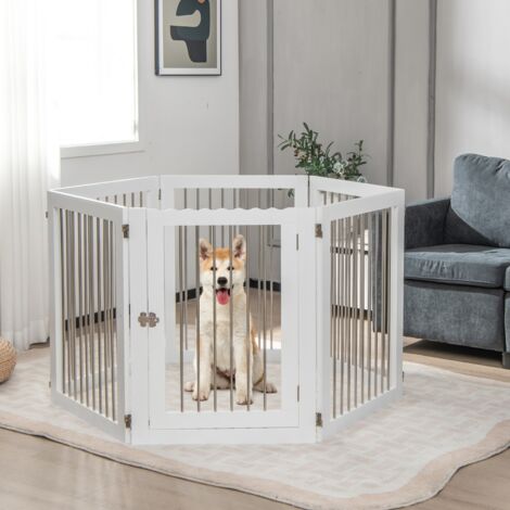 Barrière de Sécurité pour Chien à 6 Panneaux en Acier Inoxydable Parc Pliable de 366CM de Large avec Porte Verrouillable Blanc