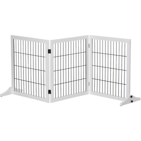 Barrière de sécurité pour chien autoportante avec pieds 185 x 71 cm bois barrière pour chien escalier porte cuisine couloir 3 panneaux blanc