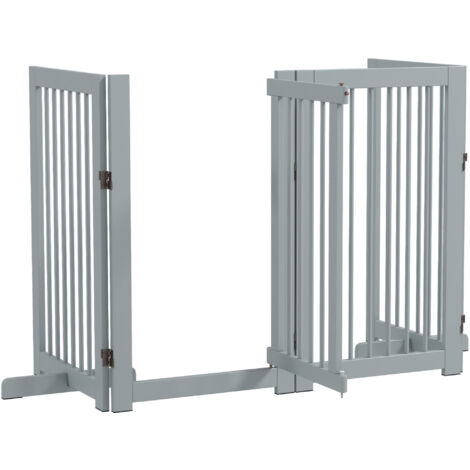 Barrière de sécurité pour chien autoportante, pliable, porte et pieds, cadre en bois, 220x36x91cm, gris clair