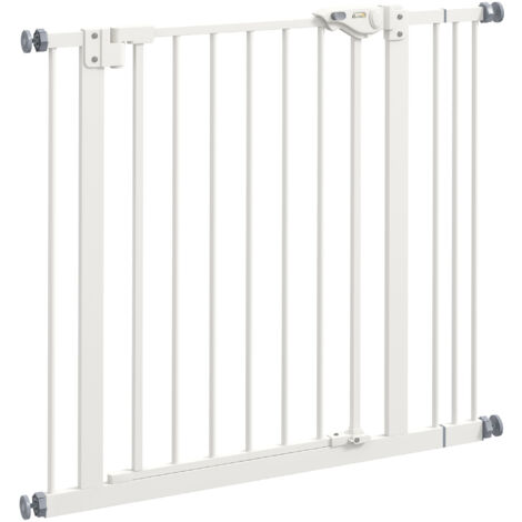 Barrière de sécurité pour chien, barrière d'escalier réglable 74-87 cm, barrière de porte pour animaux avec extension, sans perçage, métal et plastique, blanc