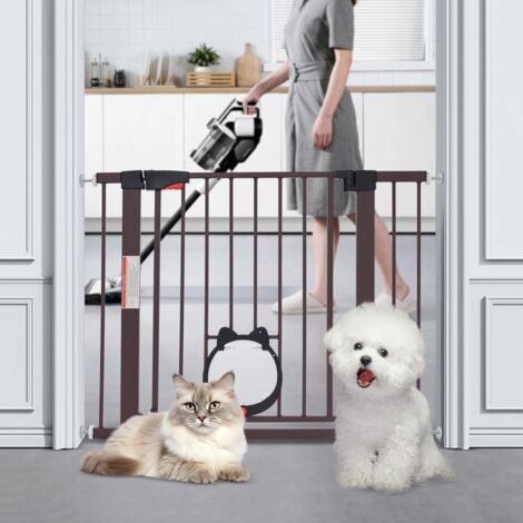 Barrière de sécurité pour chien, porte de sécurité en bois avec chatière, porte de séparation pour animaux domestiques, barrière d'escalier, barrière de sécurité pour enfants, couleur café