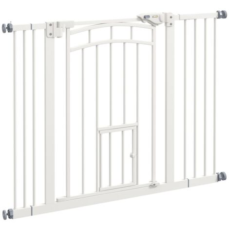 Barrière de sécurité pour chiens/chats avec fermeture automatique et chatière, sans perçage, ajustable 74-100x4x76 cm, blanche