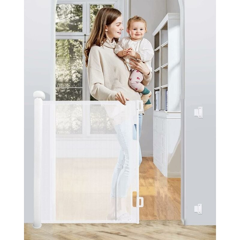 Jusch - Barriere de Securite Retractable 0-140cm, Barriere de Securite Enfant Extensible, Barriere Chien Opération à Une Main