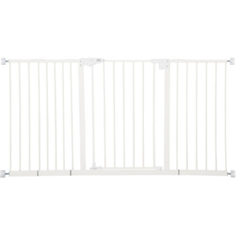 Barrière de sécurité sans perçage, longueur 74–147,5 cm – Métal blanc, 3 extensions, protection escaliers