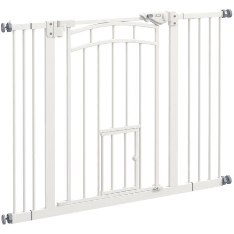 Barrière d'escalier pour chiens avec fermeture automatique et chatière, sans perçage, 74-100 cm, blanche