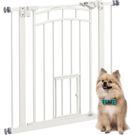 Barrière d'escalier pour chiens avec fermeture automatique et chatière, sans perçage, 74-100 cm, blanche