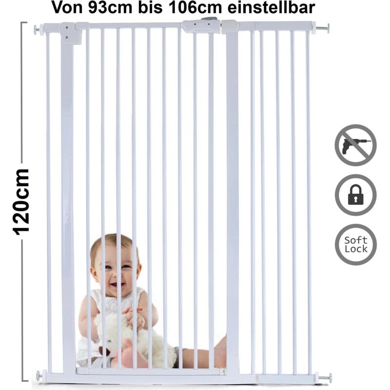 Barrière d'escalier réglable de 93 à 106 cm - blanc - 120 cm de haut