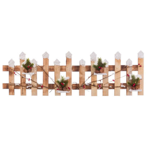 Barrière en bois enneigée et houx rouge décoration Noël 98x30x1.5cm