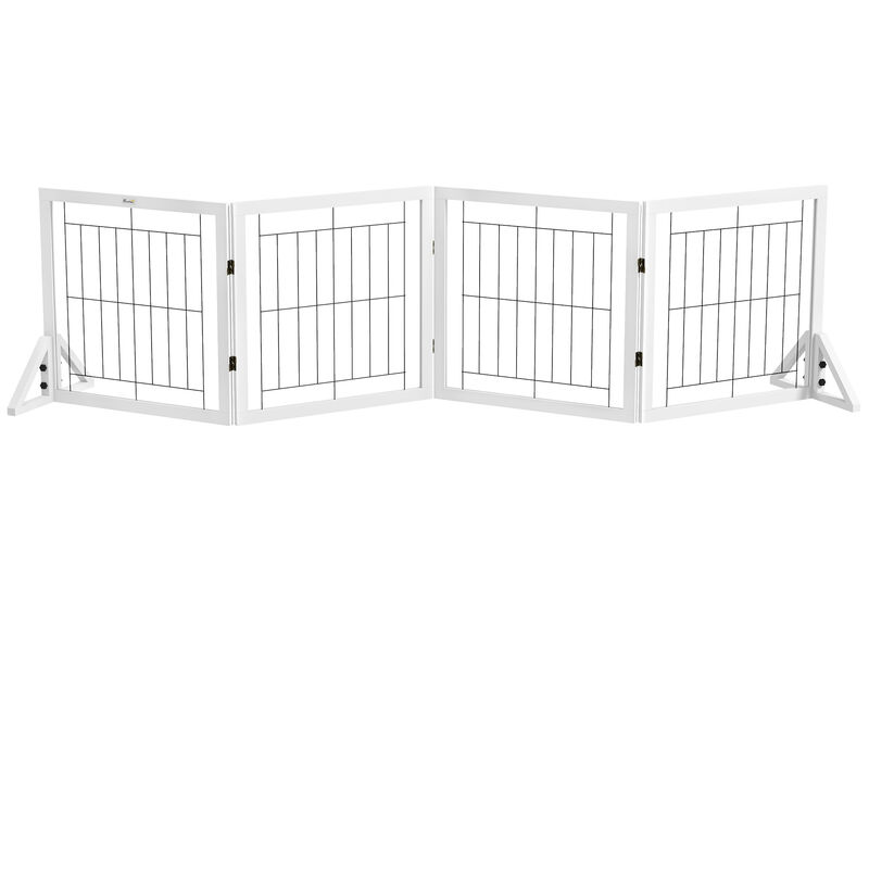 Pawhut - Barrière de sécurité pour animaux autoportante - barrière modulable pliable 4 panneaux - 2 pieds support - acier noir bois blanc - Blanc