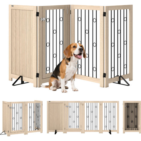 Barrière pour animaux autoportante, barrière pour chien avec porte, 4 panneaux, pour couloir, escalier, encadrement de porte, MDF, acier