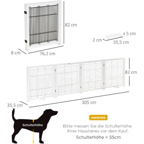 Barrière pour chien autoportante avec pieds, 305 x 82 cm, en bois, pliable, pour escaliers, portes et couloirs, 4 panneaux, blanche