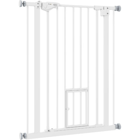 Barrière pour Chien avec Petite Porte, Montage par Pression et Fermeture Automatique, 74-80x91,4cm, Blanc
