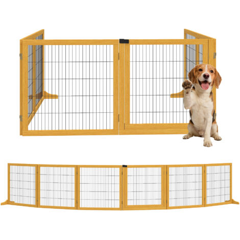Barrière pour chiens, pliable, 432 x 36 x 70 cm, bois de pin, jaune