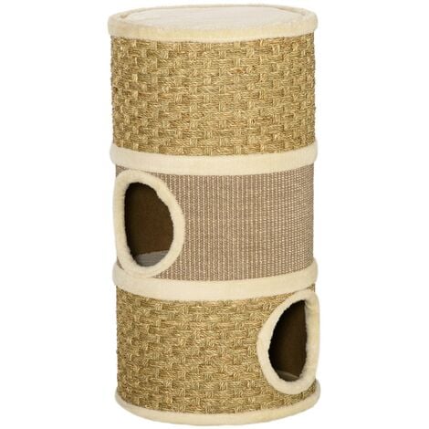 Barril de Rascado para Dormir y Jugar Cama Cómoda Poste Rascador de 3 Niveles