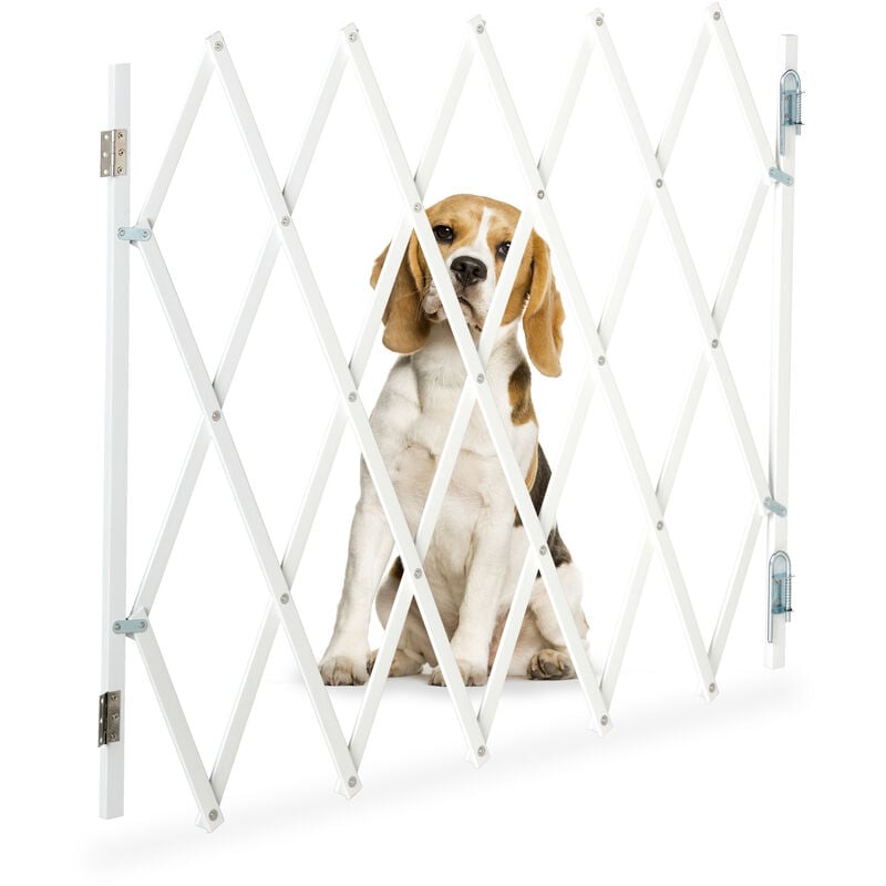 Relaxdays Barrière de sécurité pour chiens, jusqu’à 118 cm, 69-82,5 cm de haut, bambou, escaliers & porte, blanc
