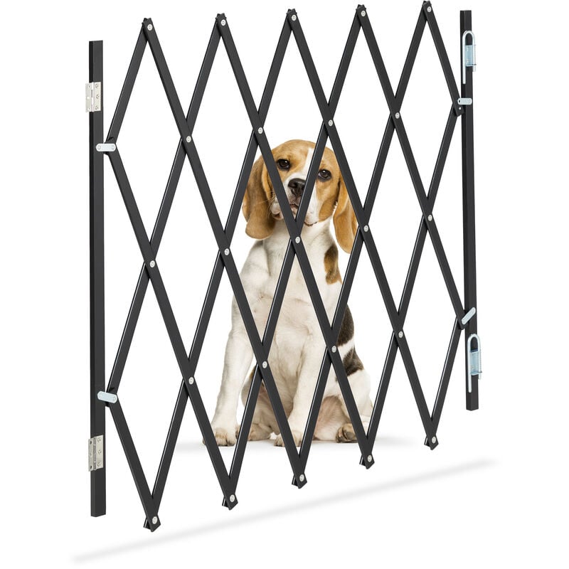 Relaxdays Barrière de sécurité pour chiens, jusqu’à 118 cm, 69-82,5 cm de haut, bambou, escaliers & porte, noir
