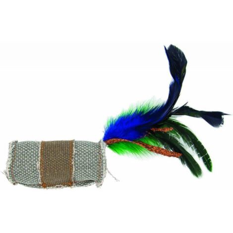 Barry King  Mystic Tribe  Spielzeug aus robustem Stoff – Zylinder mit Feder- und Grasschnur  Graubraun, 9,5 cm
