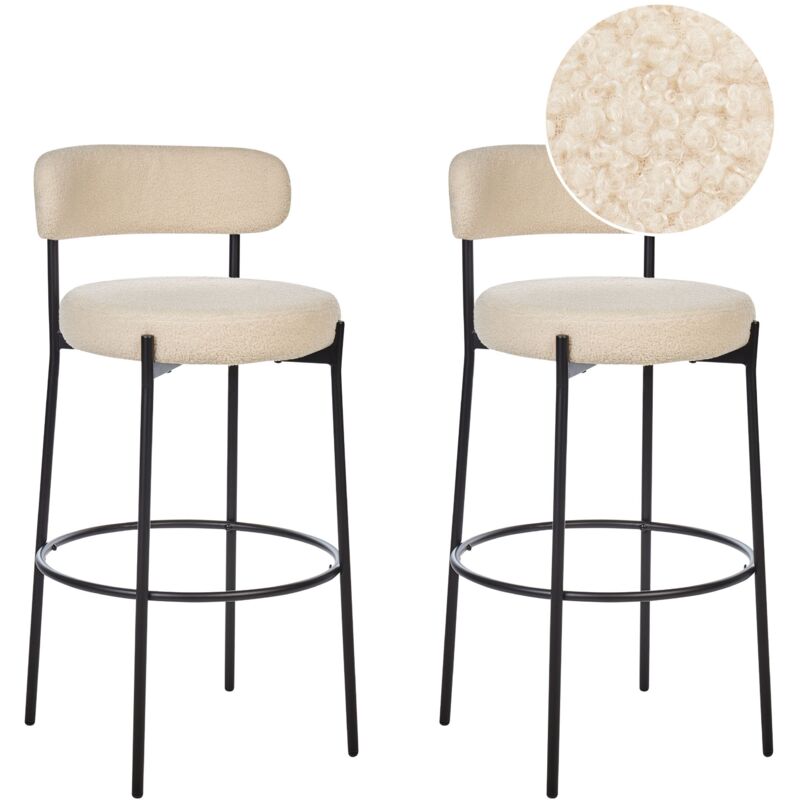 Beliani Barstuhl 2er Set Hellbeige Bouclé-bezug Und Metall Mit Lehne Fußstützen Modernes Design Sitzmöbel Wohnzommer Küche Bar Wohnküche Ausstattung