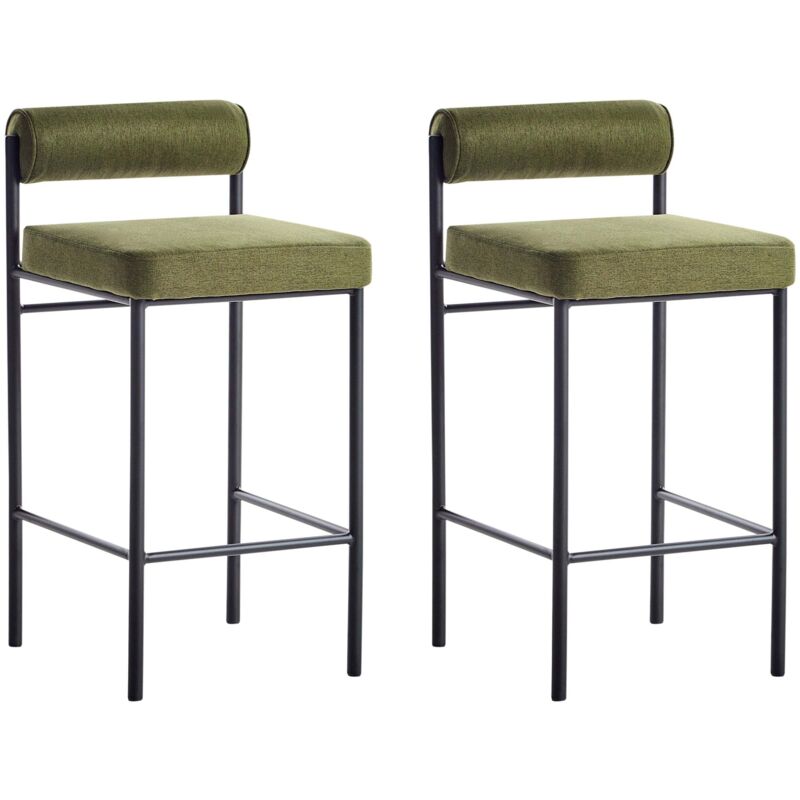 Beliani Barstuhl 2er Set Olivgrün Stoff Und Metall Mit Niedriger Lehne Fußstützen Retro Design Sitzmöbel Wohnzimmer Küche Bar Wohnküche Ausstattung