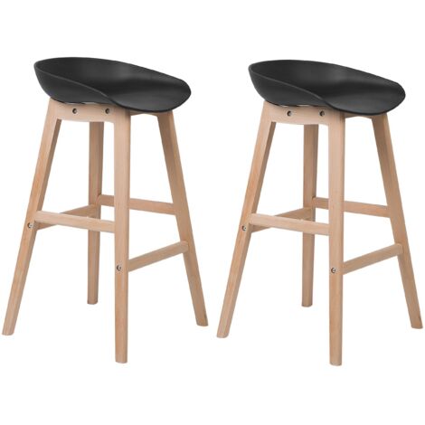 Barstuhl 2er Set Schwarz Kunststoff-Sitzschale mit Hellen Holzbeinen Fußstütze Sitzhöhe 72 cm ohne Lehne Modernes Design Barhocker Tresenhocker