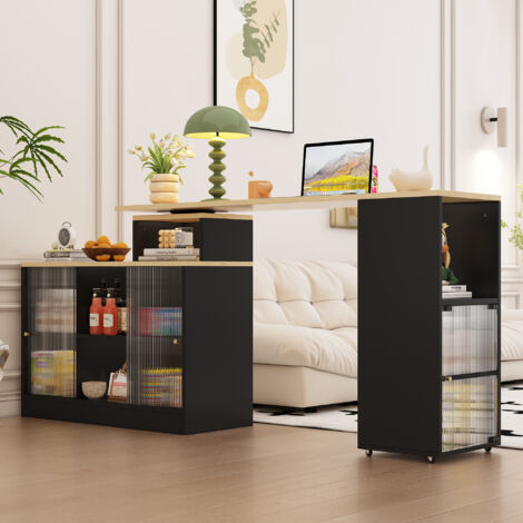 Bartisch Schwarz 155x100x90cm Ausziehbar Drehbar Stauraum Stehtisch Bistrotisch Mobil
