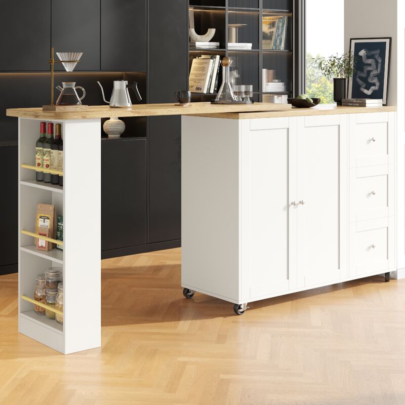 Stilvora Bartisch Mit 3 Schubladen, 2 Türen, Seitenregalen Und Rollen, 360° Drehbar, Aus Mdf, 135x39x106 Cm Weiß