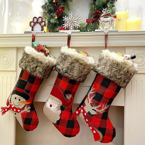 Bas de Noël Grand 43,2 cm Buffalo Plaid Rouge et Noir Buffalo Check Bas de Noël, 3 pièces de bas de Noël de ferme avec manchette en fausse fourrure pour décorations de Noël