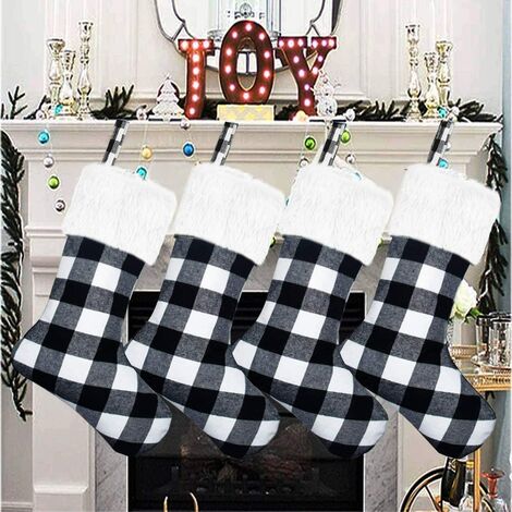 Bas de Noël - Lot de 4 bas de Noël à carreaux Buffalo de 18 po avec manchette en fausse fourrure blanche en peluche, fête de Noël en famille