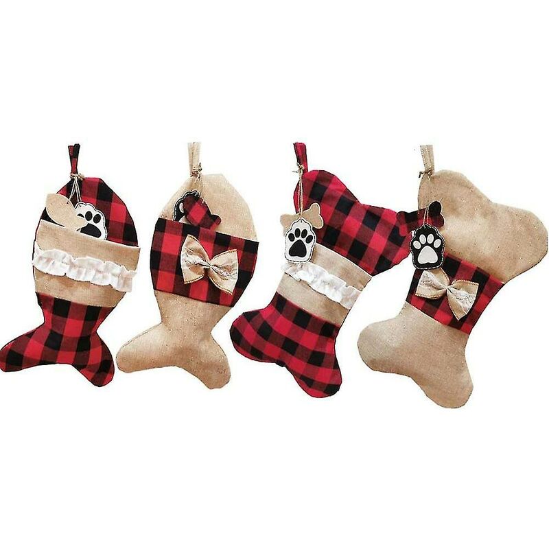 Bas de Noël pour animaux de compagnie Chaussettes à carreaux en toile de jute pour chiens de chat Chaussettes suspendues de vacances pour arbre de