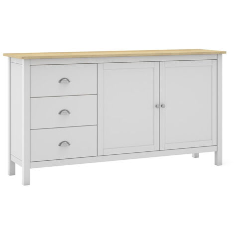 BASCO - Buffet 2 Portes 3 Tiroirs en Pin Massif Naturel et Blanc