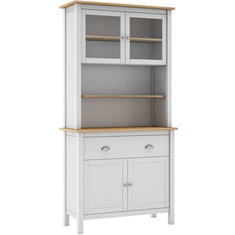 BASCO - Buffet Haut 4 Portes 2 Tiroirs en Pin Massif Naturel et Blanc
