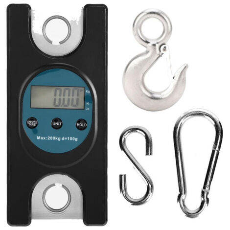 Báscula colgante para grúa eléctrica industrial con pantalla LCD, 200 kg, 440,9 lb, gancho de horquilla de acero inoxidable, rodamiento de 2 T, gancho de seguridad resistente, gancho de horquilla desl