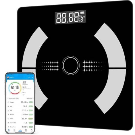 Báscula de baño, báscula personal, báscula inteligente, medidor de impedancia, báscula con medidor de impedancia con 12 datos corporales (IMC / Grasa corporal / Masa ósea / TMB / Masa muscular)