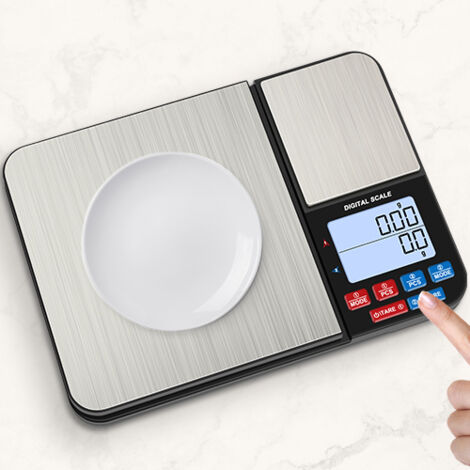 Báscula de cocina digital de doble plataforma, 10 kg/1 g y 500 g/0,01 g, báscula de alimentos de alta precisión, 7 unidades, función de tara, PCS, multifuncional para pesar, pilas incluidas