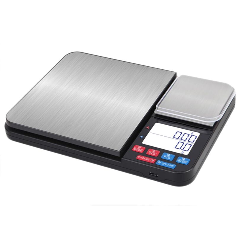 Báscula de cocina digital recargable con dos bandejas de pesaje, plataforma de acero inoxidable y pantalla retroiluminada clara, ideal para alimentos